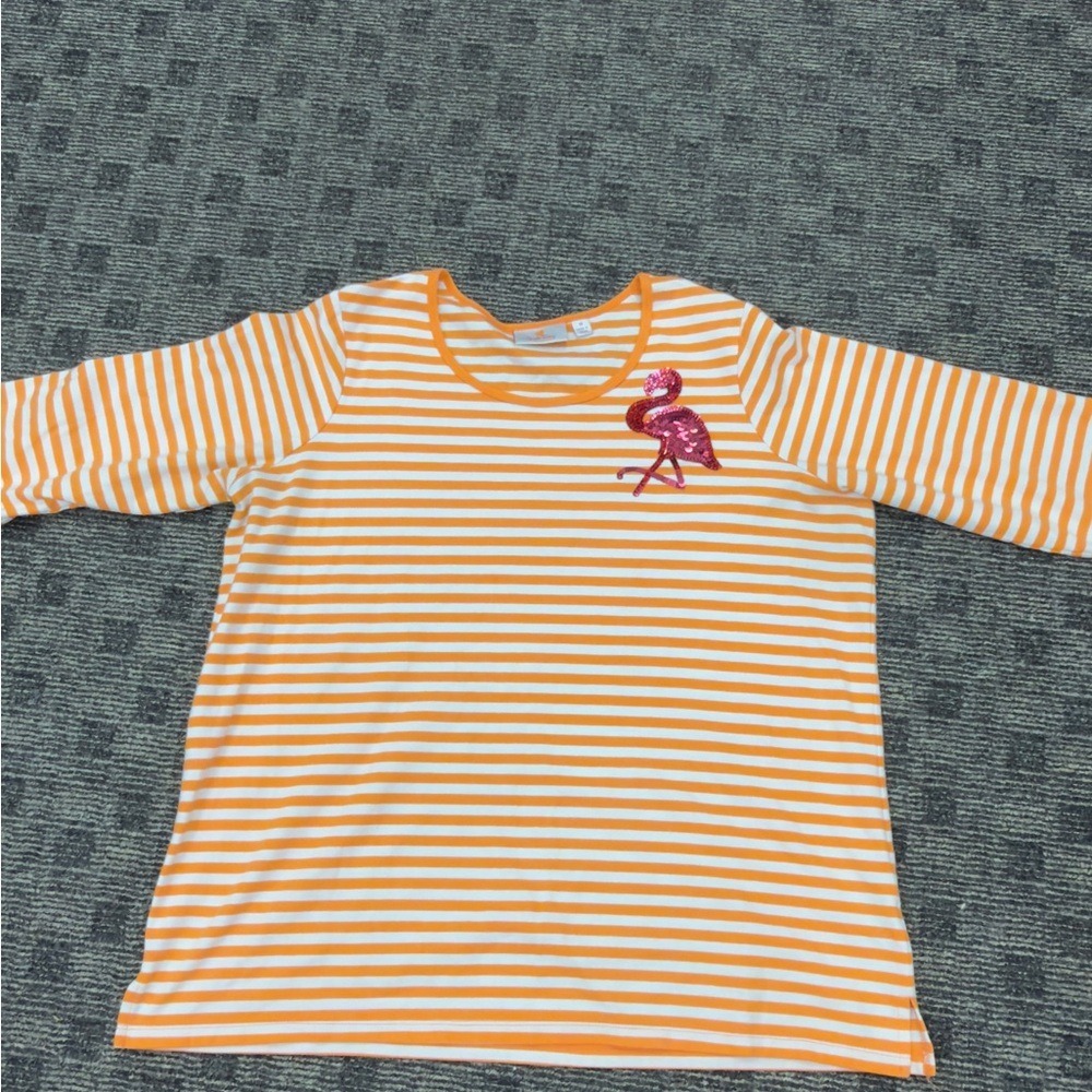 Orange and White Striped‎ Quacker Factory Top with Flamingo Patch